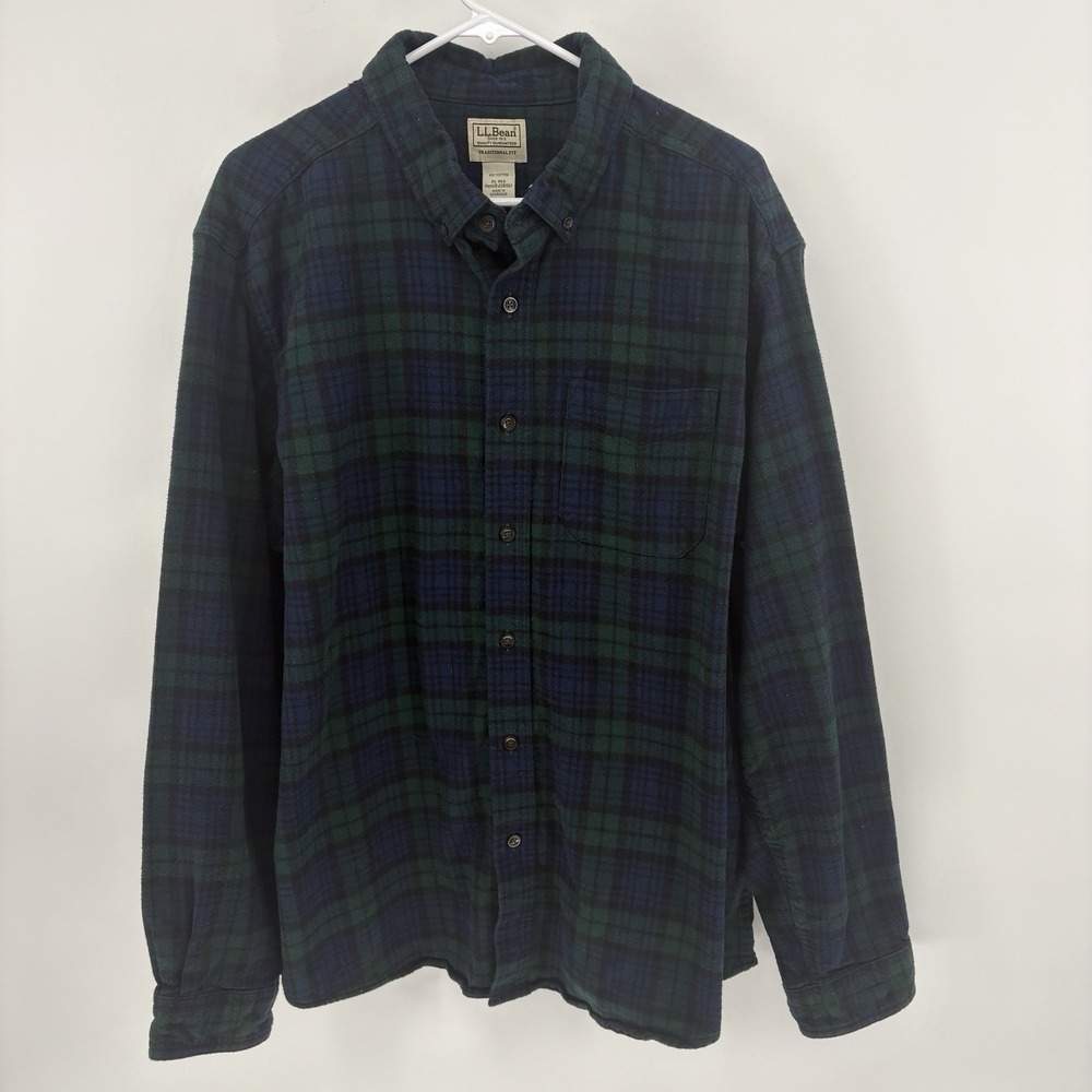 LL‎ Bean Vintage Mens XL Flannel Shirt Black Watch Plaid Cotton Traditional Fit